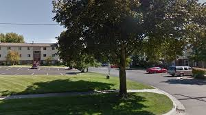 Suburban parking lot with a large tree and an apartment building in the background.